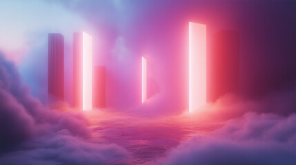 Fototapeta premium Glowing pillars rise above soft clouds in a surreal twilight atmosphere