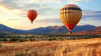 Obraz premium Colorful hot air balloons floating above a picturesque landscape at sunrise with gentle hills and an open field, creating a serene and breathtaking scene