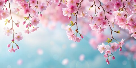 Obraz premium Delicate Pink Blossoms Hanging Gently on Branches Against a Soft Blue Sky