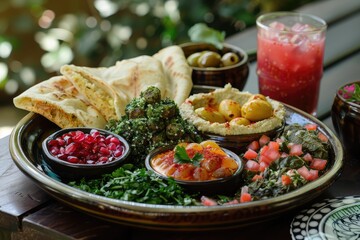 A Mediterranean mezze platter featuring hummus, tabbouleh, falafel, stuffed grape leaves, olives, and pita bread, accompanied by freshly squeezed pomegranate juice.