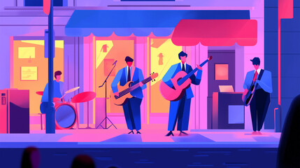 Four musicians playing instruments outside a colorful storefront at night