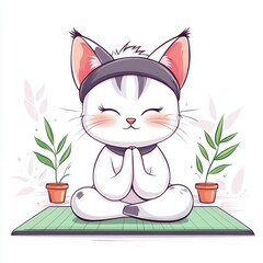 Fototapeta premium Adorable Cat in Sporty Headband Performing Graceful Yoga Pose on Bright Mat, Peaceful Background