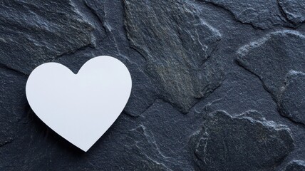 Obraz premium Minimal white heart-shaped paper on dark stone background. Romantic paper heart for Valentine's themes.