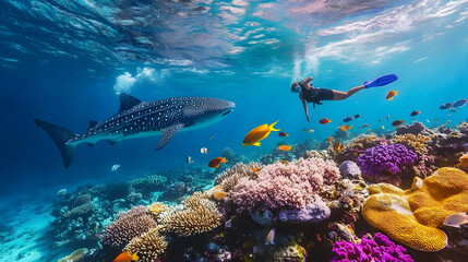 Whale Shark and Diver in Vibrant Coral Reef