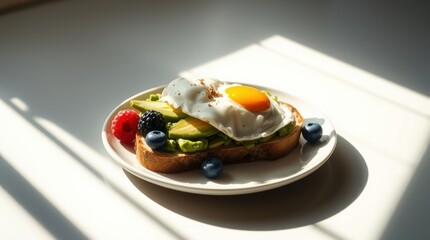 A vibrant breakfast toast topped with avocado slices, a sunny-side-up egg, blueberries, and strawberries, served on a white plate