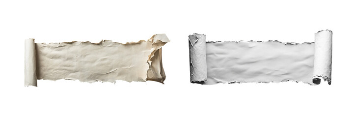 Rolled parchment paper with torn edges,  isolated on transparent background.  Color and grayscale versions included. Perfect for design projects.