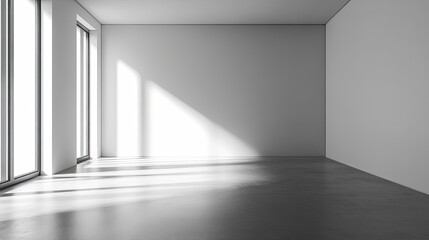 A spacious and well-lit empty room filled with natural light, featuring large windows that cast gentle shadows during midday