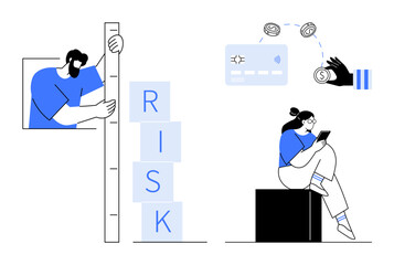 Person measuring risk with ruler and blocks, another checking smartphone with payment graphics. Ideal for finance, digital transactions, investment, financial planning, banking, risk management