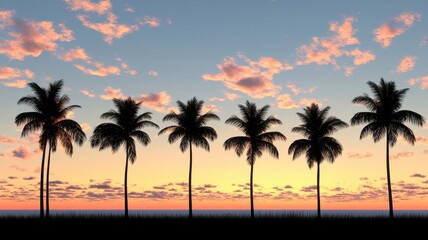 Obraz premium Tropical dusk sunset with silhouetted palm trees coastal landscape nature scene serene viewpoint