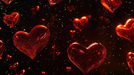 Glowing red hearts falling on dark background.