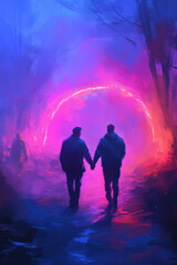 Two people hold hands while walking towards a vibrant, glowing arch in a dark forest