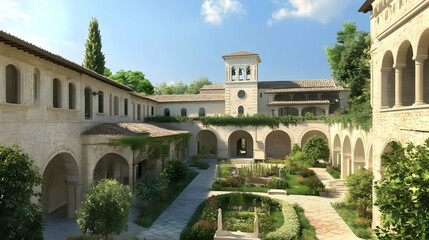Fototapeta premium Serene Monastery Courtyard: A Picturesque Architectural Masterpiece