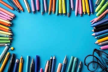 Fototapeta premium Colorful stationery supplies arranged in a circle on a vibrant blue background.