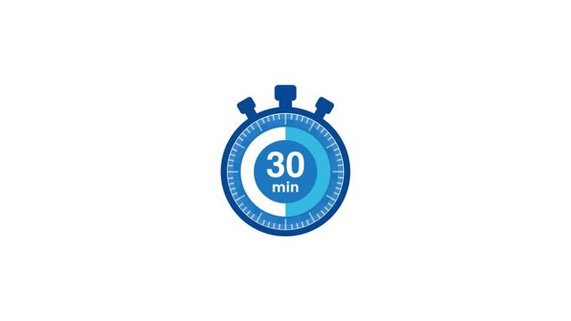 The 30 minutes timer, thirty minutes stopwatch icon. Stopwatch icon in flat style. Motion graphics.