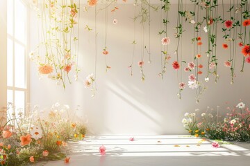 A minimalist interior featuring a spacious room adorned with dangling threads holding lush blooms of roses, tulips, and daisies in full bloom.