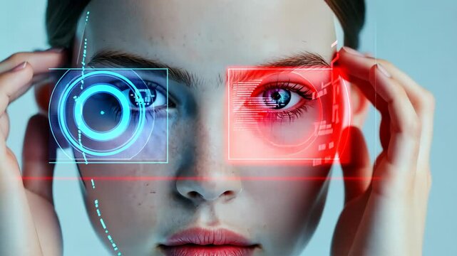 A woman's face is projected onto a white background with a blue and red glow. The image conveys a futuristic and technological vibe, with the woman's face appearing to be a computer-generated creation