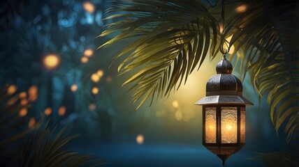 Ornate lanterns hang among palm fronds glowing softly at night.