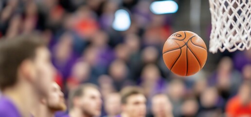 Basketball in motion towards the hoop during a game.