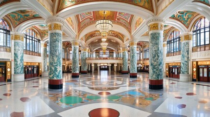 Obraz premium Grand hall interior with ornate columns, high ceilings, and marble floors.