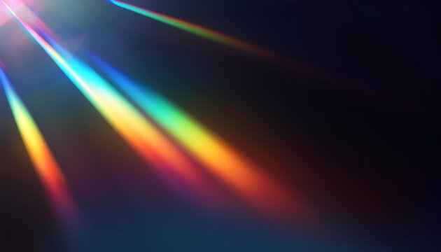 A Prism Rainbow Light on dark Background Overlay. Crystal flare abstract effect. Holographic sunlight reflection wallpaper, colorful glare bokeh.