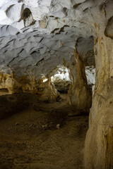 Interior of the large hall of old Karain cave, hidden in Mediterranean region. Confirms human habitation since the early Paleolithic age between 150,000 and 200,000 years ago.Yagca, Antalya, Turkey.