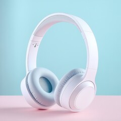 White headphones on pink and blue background. (4)
