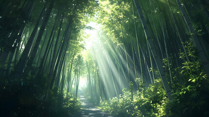 Obraz premium Sunbeams in a Bamboo Forest: A Serene Nature Scene