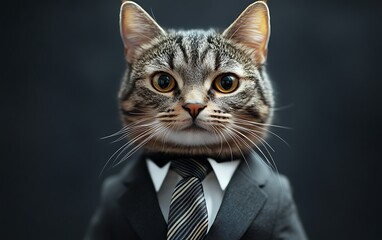 A tabby cat in a suit and tie, looking directly at the camera against a dark background.