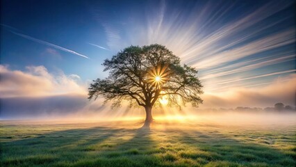 Obraz premium Serene sunrise illuminating a majestic oak tree in a misty meadow