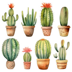 Fototapeta premium A watercolor illustration showcases three different sizes of columnar cacti, highlighting their unique textures and shapes.