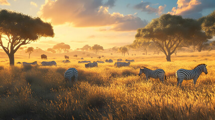 Obraz premium Zebras at Sunset in the African Savanna: A Breathtaking Wildlife Scene