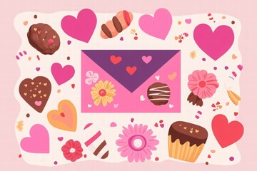 Valentine's Day background with heart-shaped cookies, envelope, flowers on pink backdrop. chocolate for greeting card template. 