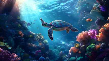 Fototapeta premium Majestic Sea Turtle in Vibrant Coral Reef: Underwater Scene