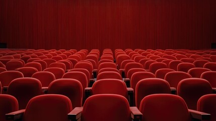 Fototapeta premium A cinematic view of empty red seats leading up to a blank screen, modern theater design