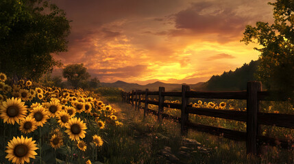 Fototapeta premium Sunflowers at Sunset: A Serene Countryside Landscape