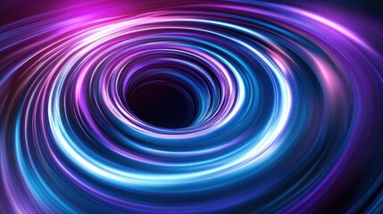 A close-up of a wormhole's swirling core, glowing with blue and purple light, set in deep space