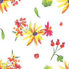 Bright fall flowers with green leaves wax crayons seamless pattern on white insulated background. Textural and botanical repeating pattern. Design for textiles, wrapping paper and wallpaper.