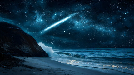 Naklejka premium Starry Night Seascape: Comet over Ocean Beach
