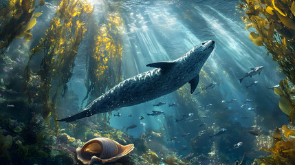 Fototapeta premium Majestic Harbor Seal in Kelp Forest: Underwater Wildlife Photography
