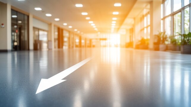 Empty Hospital Corridor With Directional Arrow, Concept For Healthcare, Navigation, And Guidance