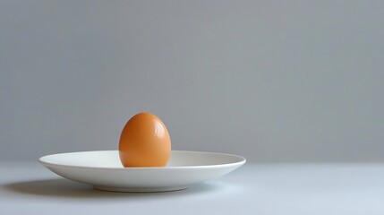 A single, light brown egg rests gently on a pristine white plate.