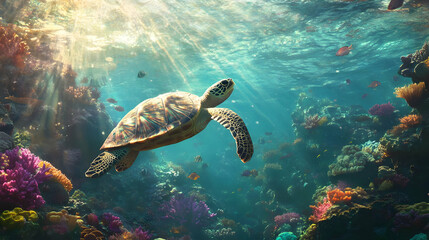 Fototapeta premium Majestic Sea Turtle in Vibrant Coral Reef