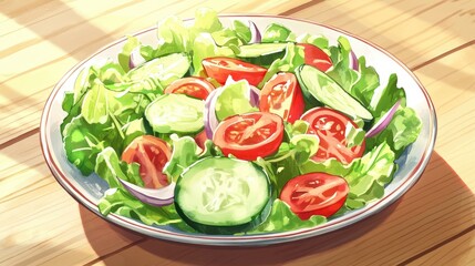 A colorful salad of fresh greens, juicy tomatoes, crisp cucumbers, and onions placed on a light wooden table