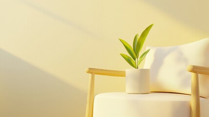 Cozy chair with a potted plant in a sunlit room.