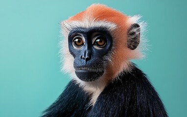 Obraz premium Close-up portrait of a red-shanked douc langur monkey against a teal background.