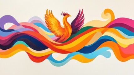 Fototapeta premium Vibrant phoenix rising amidst colorful waves of paint.
