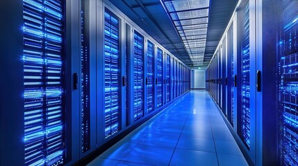 Fototapeta premium modern data center corridor with glowing blue server racks extending into distance