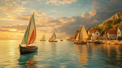 Naklejka premium Sailboats at Sunset: A Picturesque Coastal Village