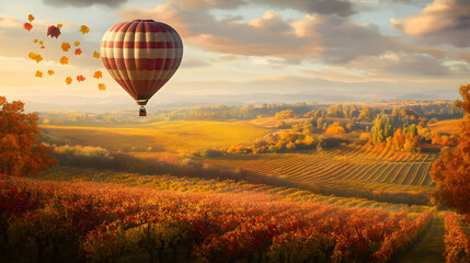 Fototapeta premium Hot Air Balloon Ride over Autumn Vineyard at Sunrise
