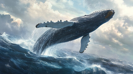 Fototapeta premium Majestic Humpback Whale Leaps from Ocean Waves